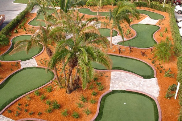 Austin Aerial view of a mini golf course with synthetic grass and palm trees.